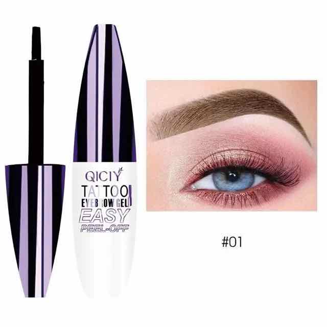 Peel-off eyebrow tint product packaging next to a close-up example of a defined brow and eye makeup look.